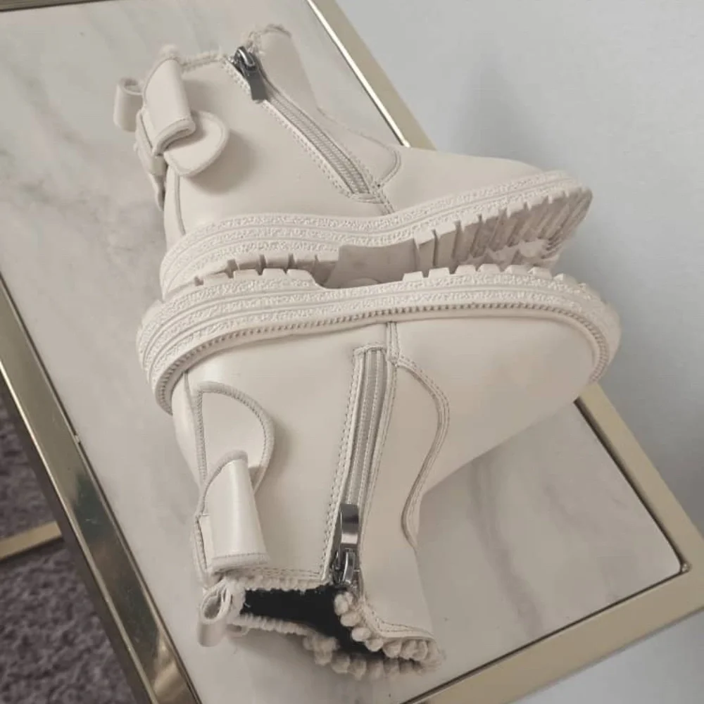 Girls Bow Decor Thermal Lined Beige Ankle Boots With Slide Zipper US 10-10.5